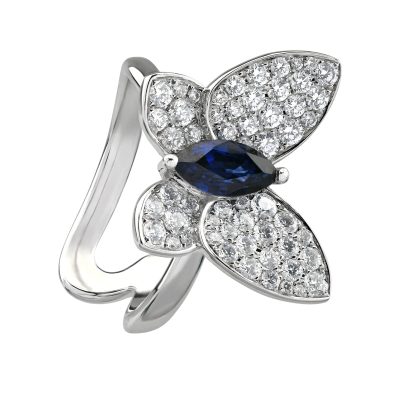 Inel fluture din aur alb cu safir pear de 0.9ct si diamante de 0.8ct