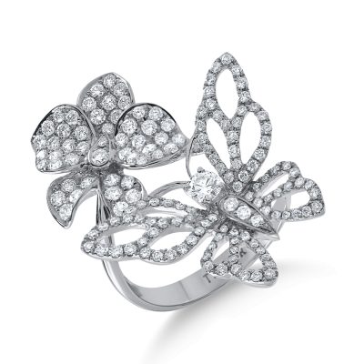 Inel fluture-floare din aur alb cu diamante de 1.4ct