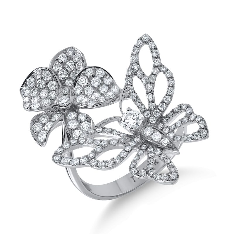 Inel fluture-floare din aur alb cu diamante de 1.4ct