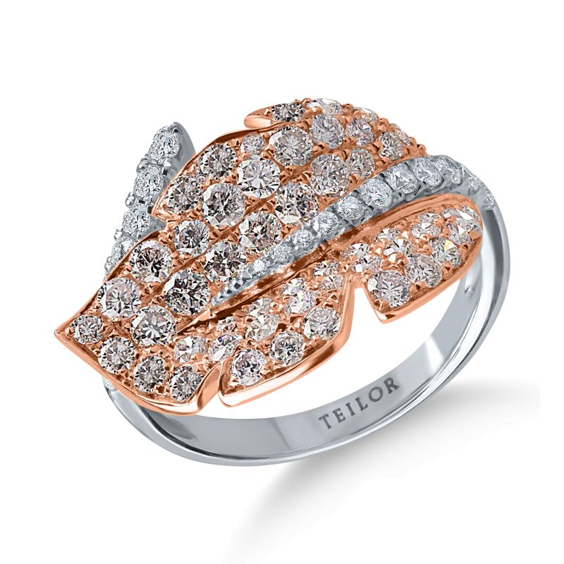 Inel frunza din aur alb-roz cu diamante roz si incolore de 1.69ct