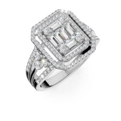 Inel geometric din aur alb cu diamante baguette si rotunde de 0.7ct