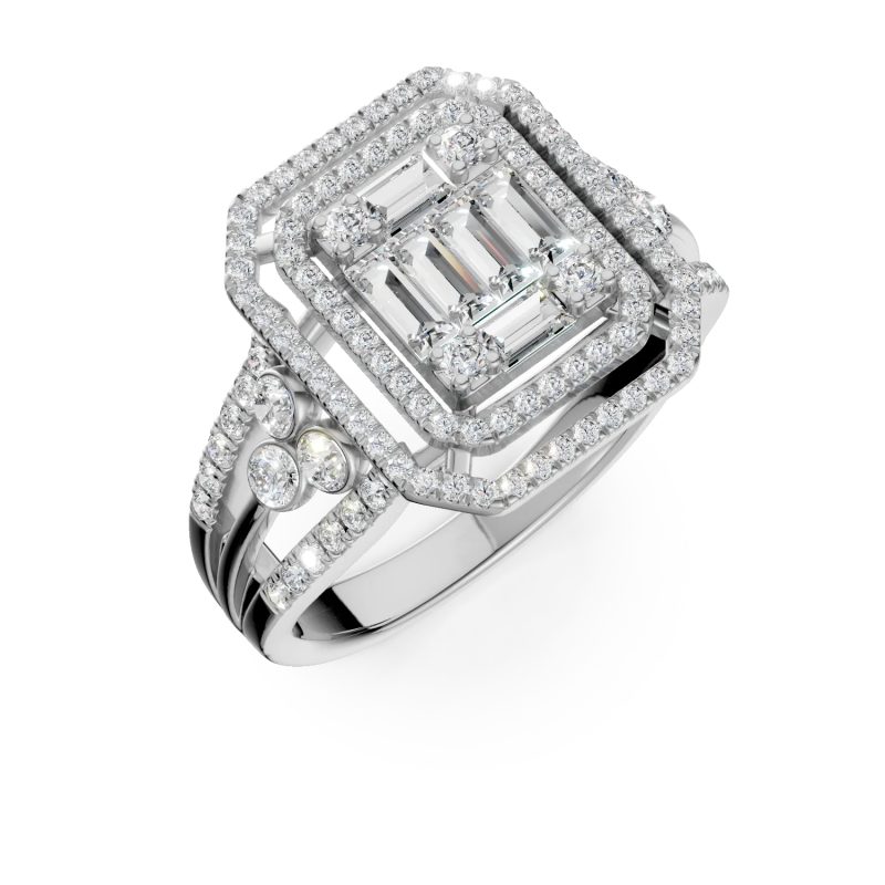Inel geometric din aur alb cu diamante baguette si rotunde de 0.7ct