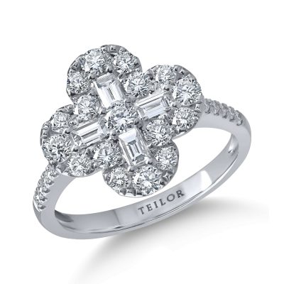 Inel geometric din aur alb cu diamante baguette si rotunde de 1.2ct