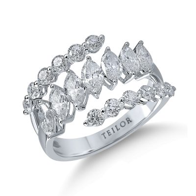 Inel geometric din aur alb cu diamante marquise si rotunde de 2.12ct