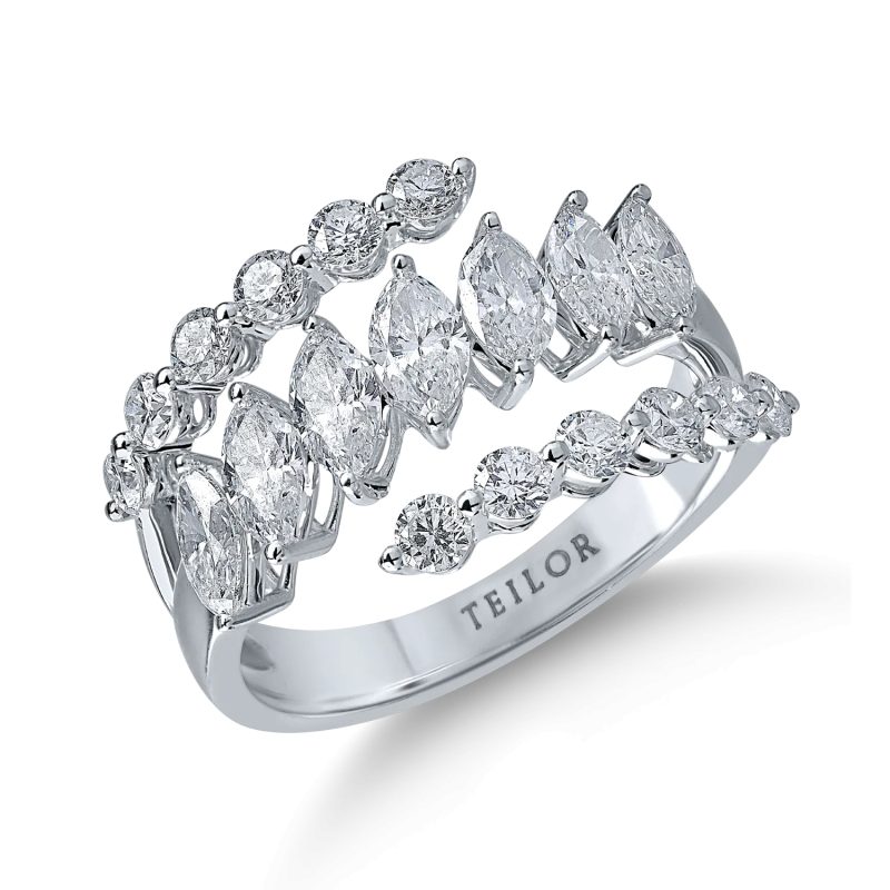 Inel geometric din aur alb cu diamante marquise si rotunde de 2.12ct