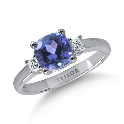 Inel geometric din aur alb cu tanzanit cushion de 1.6ct si diamante de 0.1ct