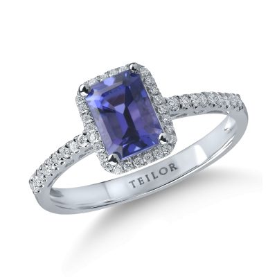 Inel geometric din aur alb cu tanzanit rectangular de 0.9ct si diamante de 0.1ct