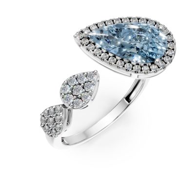 Inel geometric din aur alb cu topaz albastru pear de 2.4ct si diamante de 0.3ct