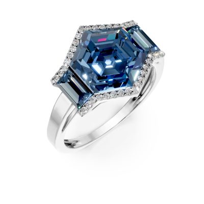 Inel geometric din aur alb cu topaze hexagonale si baguette de 7.1ct si diamante de 0.1ct