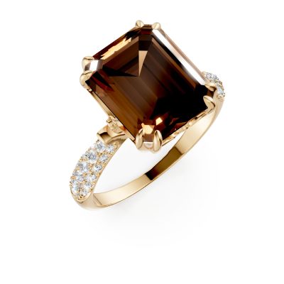 Inel geometric din aur galben cu cuart fumuriu octogonal de 5.6ct si diamante de 0.3ct