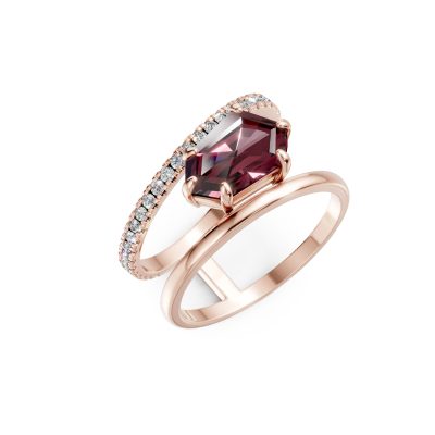 Inel geometric din aur roz cu granat de 2.4ct si diamante de 0.3ct