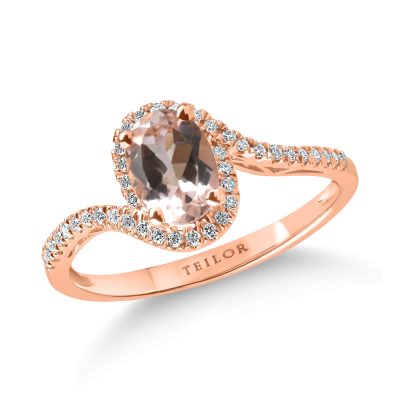 Inel geometric din aur roz cu morganit oval de 0.7ct si diamante de 0.1ct