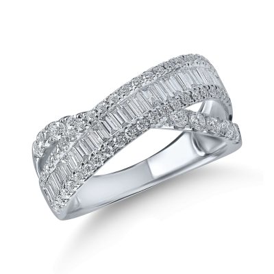 Inel impletit din aur alb cu diamante baguette si rotunde de 1.2ct