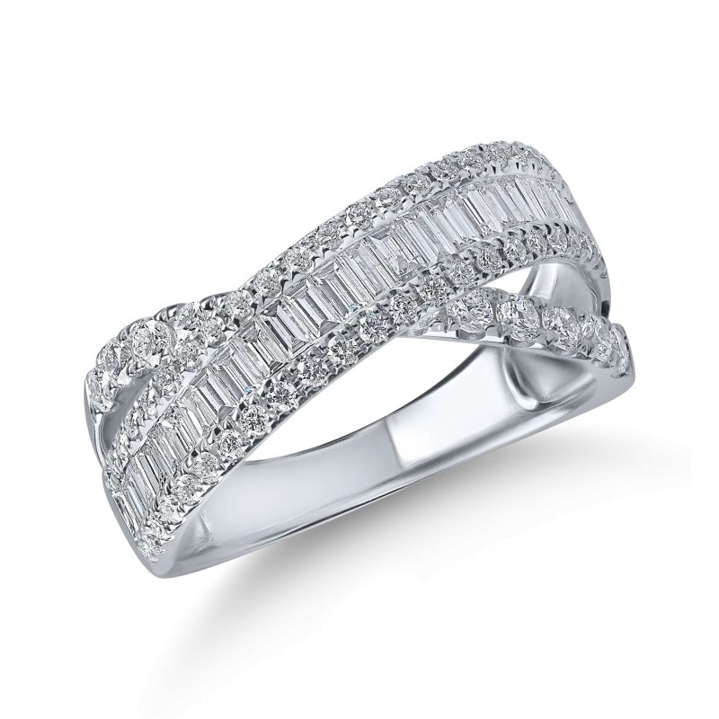 Inel impletit din aur alb cu diamante baguette si rotunde de 1.2ct