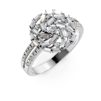 Inel rotund din aur alb cu diamante baguette si rotunde de 0.8ct