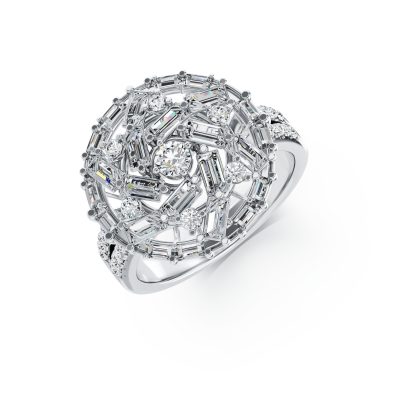 Inel rotund din aur alb cu diamante baguette si rotunde de 1.1ct