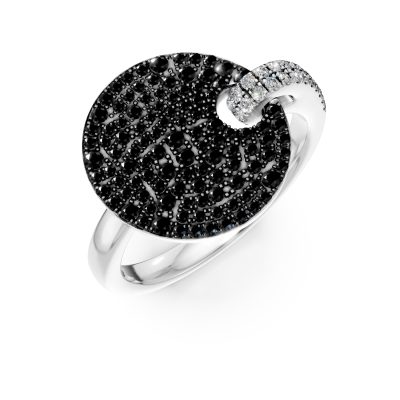 Inel rotund din aur alb cu diamante negre si incolore de 0.86ct