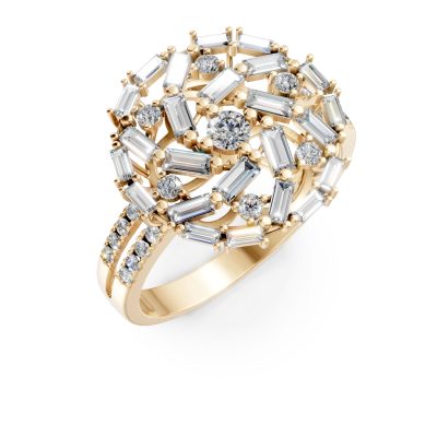 Inel rotund din aur galben cu diamante baguette si rotunde de 1.1ct
