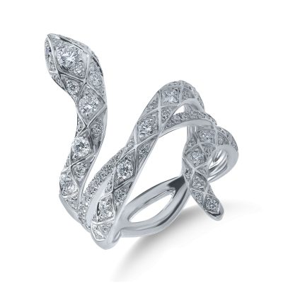Inel sarpe din aur alb cu diamante transparente si negre de 1.06ct