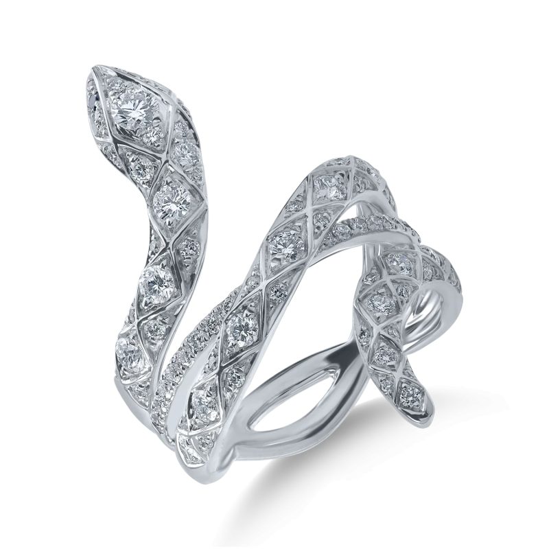 Inel sarpe din aur alb cu diamante transparente si negre de 1.06ct