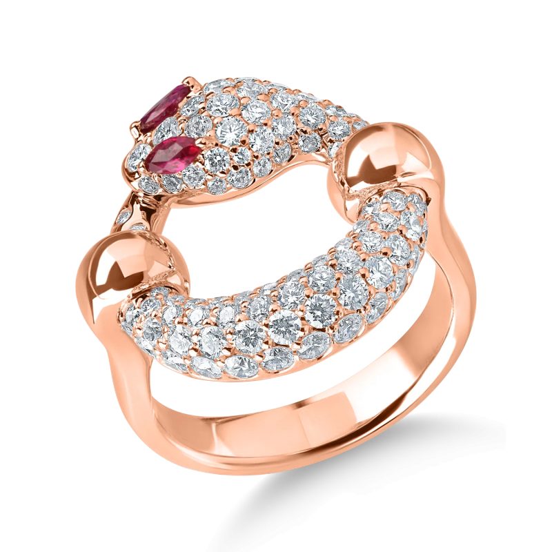 Inel sarpe din aur roz cu rubine marquise de 0.1ct si diamante de 1.3ct