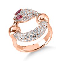 Inel sarpe din aur roz cu rubine marquise de 0.1ct si diamante de 1.3ct