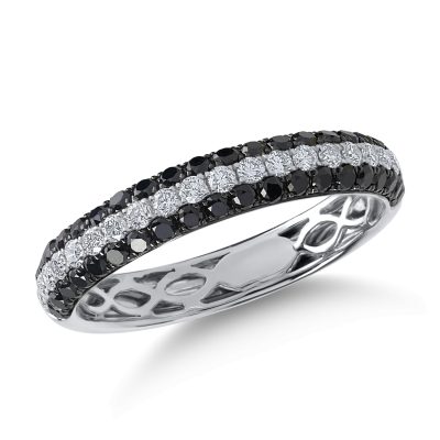 Inel semi eternity din aur alb cu diamante incolore si negre de 0.8ct