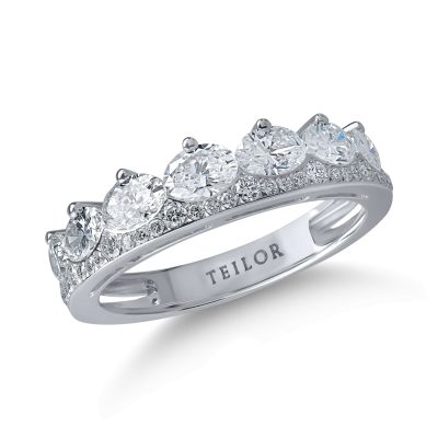 Inel semi eternity din aur alb cu diamante ovale si rotunde de 1.5ct