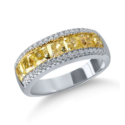 Inel semi eternity din aur alb galben cu diamante galbene cushion de 2ct si diamante de 0.2ct