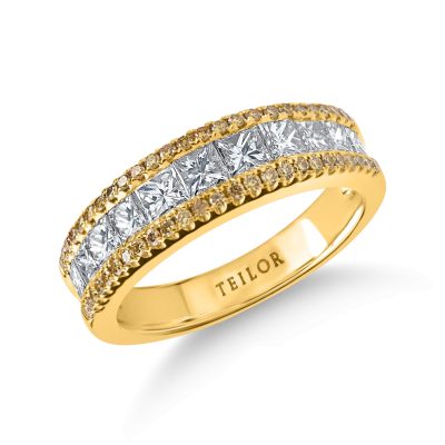 Inel semi-eternity din aur galben cu diamante galbene si diamante incolore princess de 1.4ct