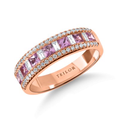 Inel semi-eternity din aur roz cu safire roz si diamante de 0.9ct
