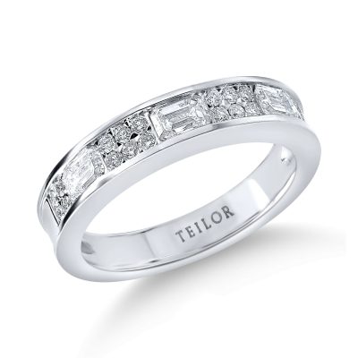 Inel semieternity din aur alb cu diamante emerald si rotunde de 0.8ct