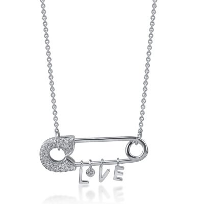 Lant cu pandantiv ac de siguranta din aur alb cu diamante de 0.3ct