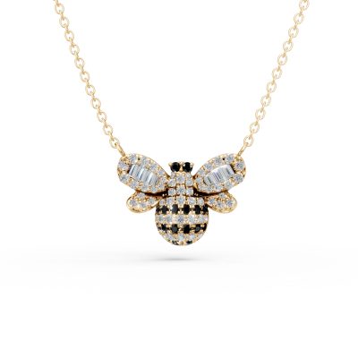 Lant cu pandantiv albinuta din aur galben cu diamante negre si diamante incolore baguette de 0.36ct