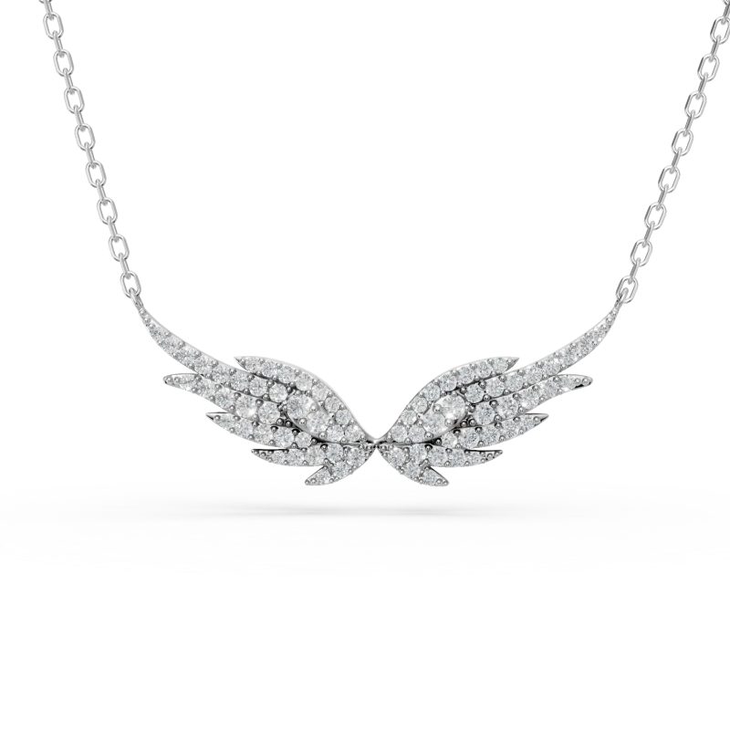 Lant cu pandantiv aripi inger din aur alb cu diamante de 0.3ct