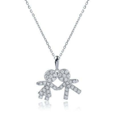 Lant cu pandantiv copii din aur alb cu diamante de 0.23ct