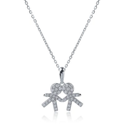 Lant cu pandantiv copii din aur alb cu diamante de 0.23ct