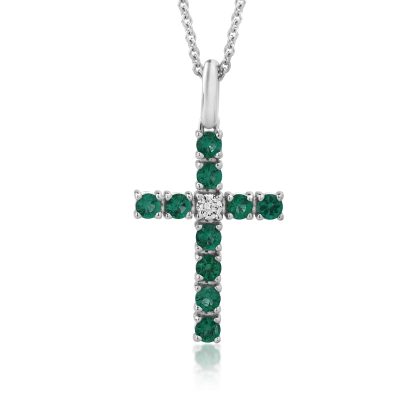 Lant cu pandantiv cruce din aur alb cu diamant de 0.05ct si smaralde de 0.48ct