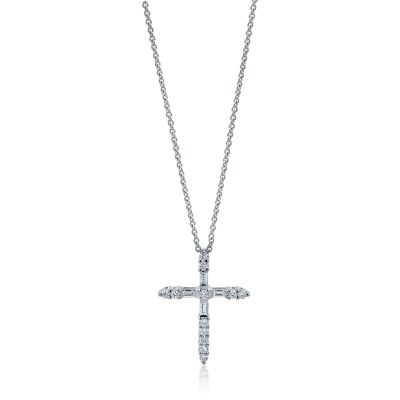 Lant cu pandantiv cruce din aur alb cu diamante baguette si rotunde de 0.3ct