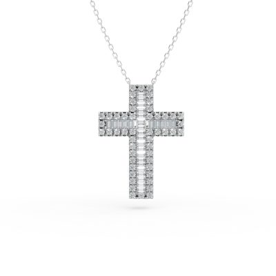 Lant cu pandantiv cruce din aur alb cu diamante baguette si rotunde de 0.4ct