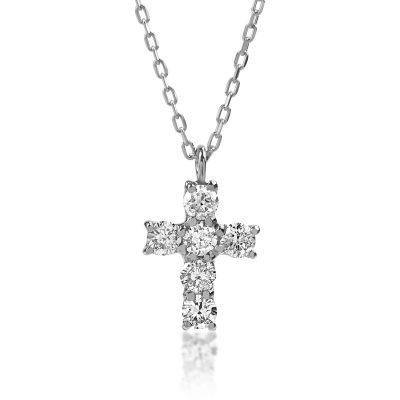 Lant cu pandantiv cruce din aur alb cu diamante de 0.1ct