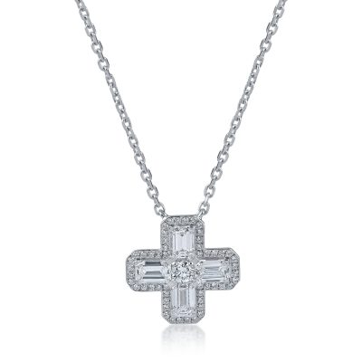 Lant cu pandantiv cruce din aur alb cu diamante emerald si rotunde de 0.9ct