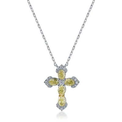 Lant cu pandantiv cruce din aur alb cu diamante galbene ovale de 1.25ct si diamante incolore princess si rotunde de 0.13ct