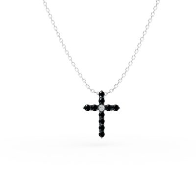 Lant cu pandantiv cruce din aur alb cu diamante incolore de 0.01ct si diamante negre de 0.09ct