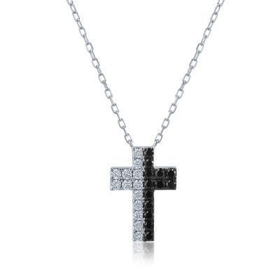 Lant cu pandantiv cruce din aur alb cu diamante negre de 0.25ct si diamante transparente de 0.22ct