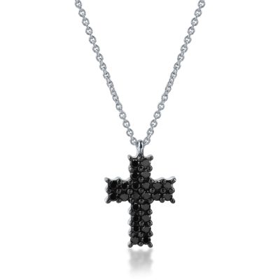 Lant cu pandantiv cruce din aur alb cu diamante negre de 0.38ct