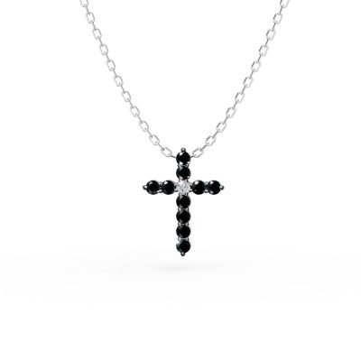 Lant cu pandantiv cruce din aur alb cu diamante negre de 0.3ct si diamant incolor de 0.03ct