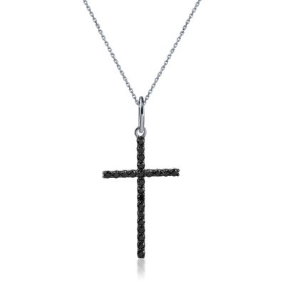 Lant cu pandantiv cruce din aur alb cu diamante negre de 0.4ct