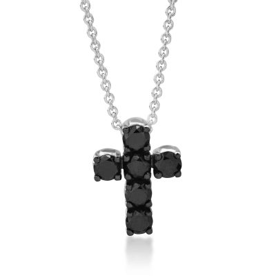 Lant cu pandantiv cruce din aur alb cu diamante negre de 0.64ct