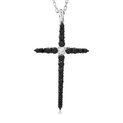 Lant cu pandantiv cruce din aur alb cu diamante negre de 1ct si un diamant alb de 0.09ct